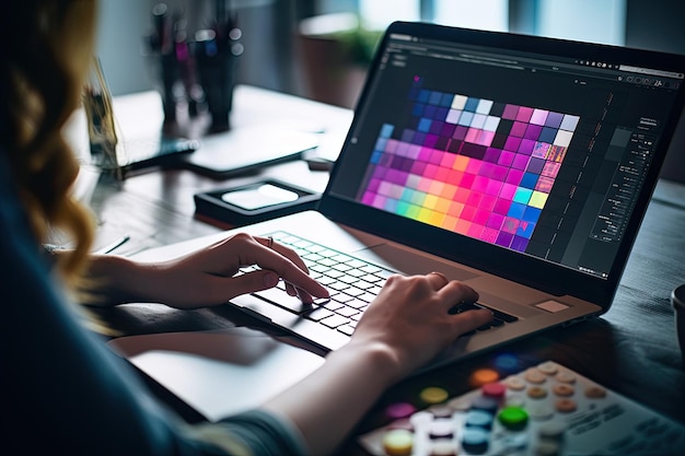 Uma mulher trabalhando em um computador portátil em uma mesa