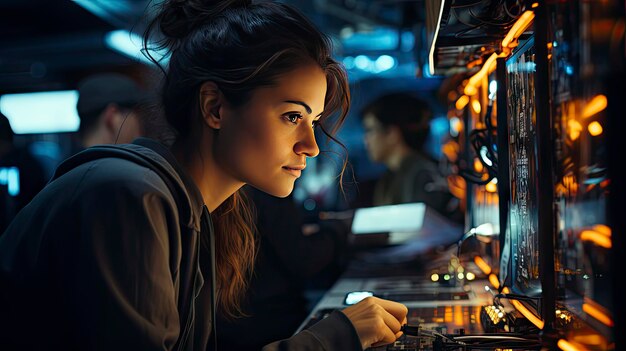 uma mulher trabalhando em um laboratório com uma máquina com as palavras "atrás dela"