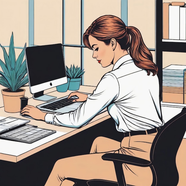uma mulher trabalhando em um laptop na mesa do escritório cor ilustrações de esboço