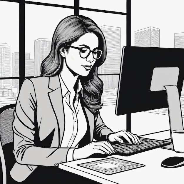 uma mulher trabalhando em um laptop na mesa do escritório cor ilustrações de esboço