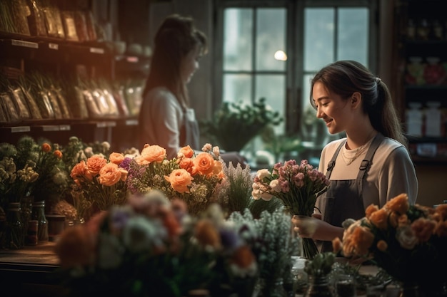 Uma mulher trabalhando em uma floricultura com uma mulher atrás dela