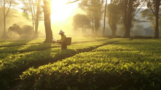 Uma mulher trabalhando em uma plantação de chá pela manhã