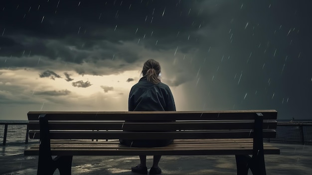 Uma mulher triste se senta em um banco e olha para a tempestade Generative ai