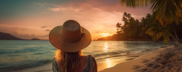 Uma mulher turista relaxando na praia tropical Criar com ai generativa