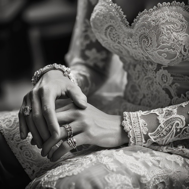 Uma mulher usa um vestido de noiva com uma aliança na mão esquerda.