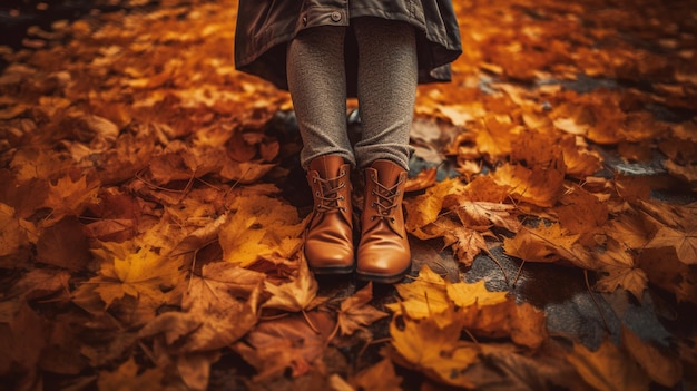 Uma mulher usando botas marrons senta-se no chão em folhas de outono.