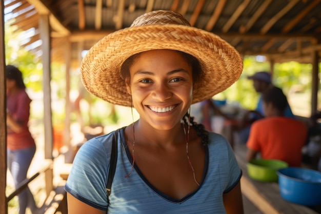 Uma mulher usando chapéu e chapéu de palha sorri para a câmera