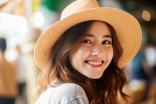 Uma mulher usando chapéu e chapéu de palha sorri para a câmera