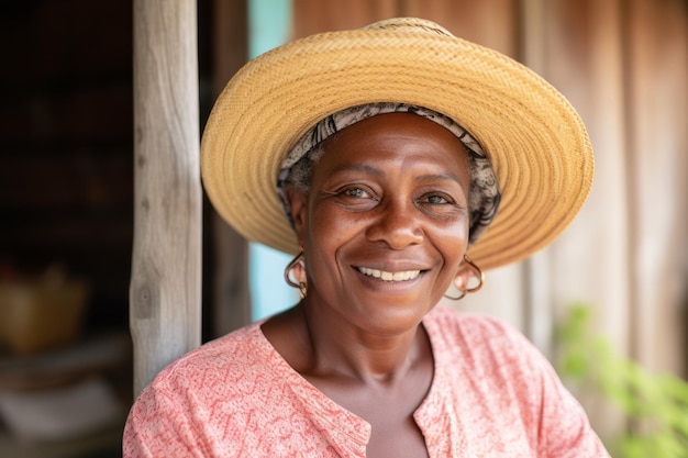 Uma mulher usando chapéu e chapéu de palha sorri para a câmera