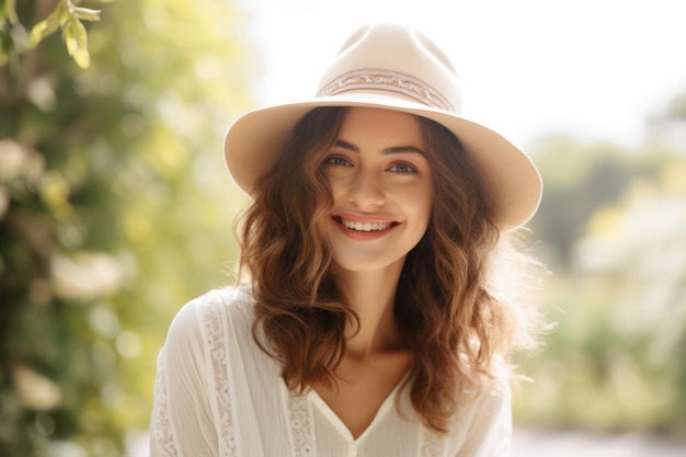 Uma mulher usando chapéu e chapéu de palha sorri para a câmera