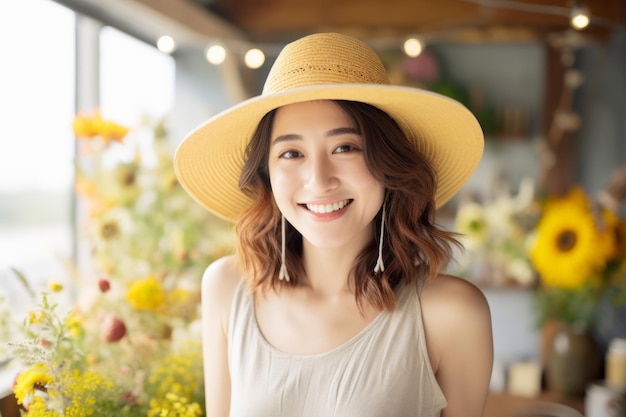 Uma mulher usando chapéu e chapéu de palha sorri para a câmera