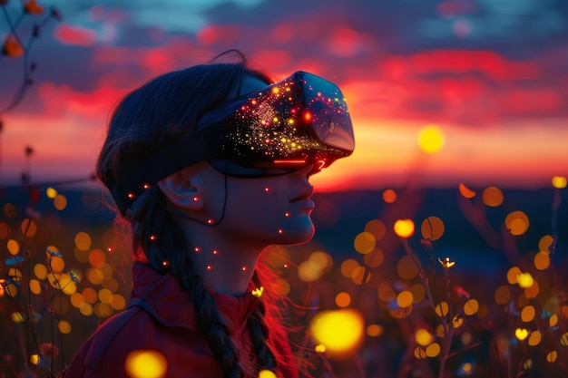 Foto uma mulher usando fone de ouvido vr usuário mundo surrealista e realidade virtual campos de flores coloridas