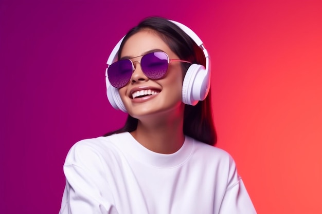 Uma mulher usando fones de ouvido brancos com lentes rosa posando em frente a um fundo neon