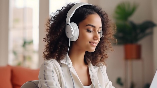 uma mulher usando fones de ouvido com uma camisa branca que diz que ela está ouvindo música