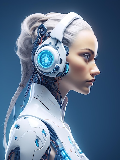 uma mulher usando fones de ouvido de robô brancos
