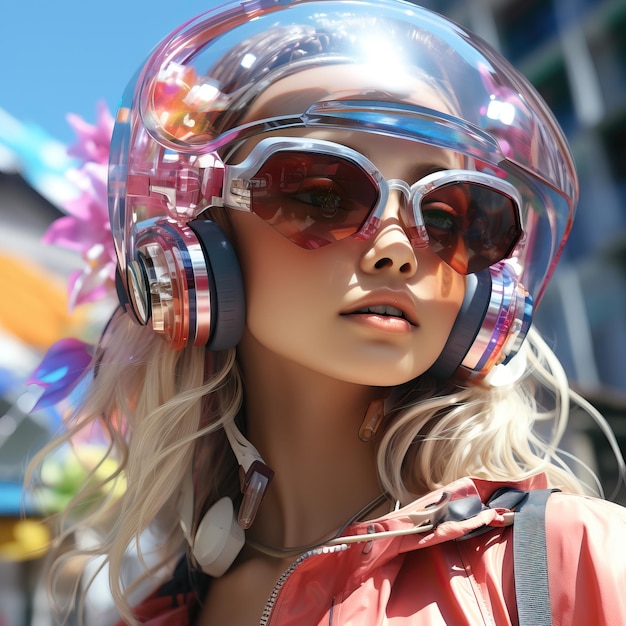 Uma mulher usando fones de ouvido e um capacete