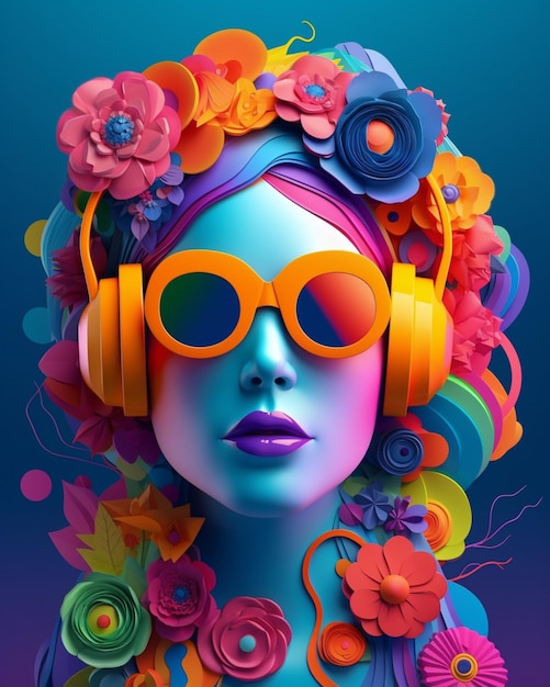 Uma mulher usando fones de ouvido e um fundo colorido de flores