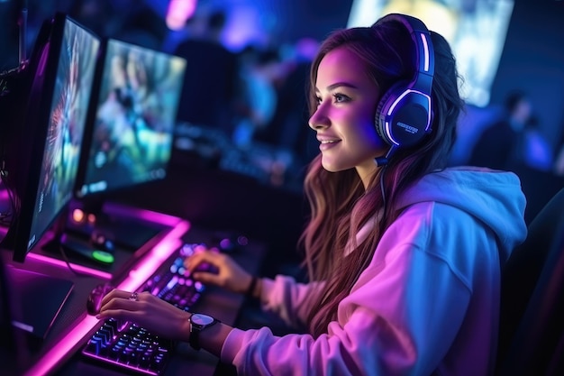 Foto uma mulher usando fones de ouvido enquanto usa um computador para ouvir conteúdo de áudio garota jogadora profissional joga videogame em um pc rgb gerado por ia