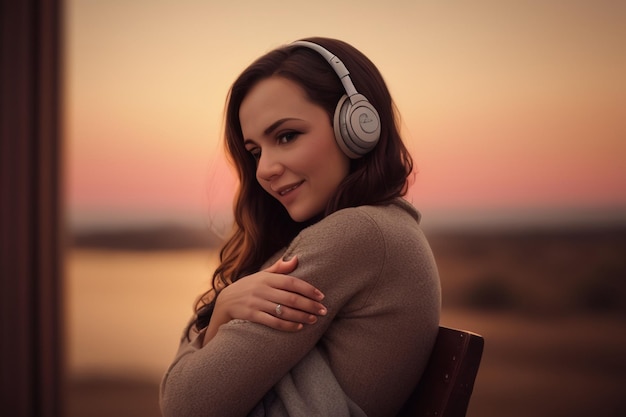 Uma mulher usando fones de ouvido está olhando para o pôr do sol