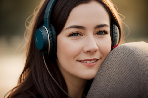 Uma mulher usando fones de ouvido está sorrindo e olhando para a câmera.