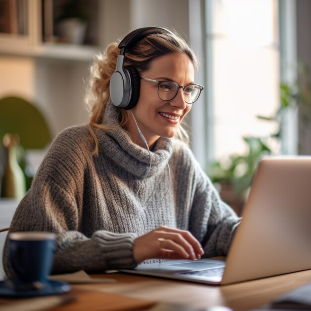 uma mulher usando fones de ouvido está usando um laptop e sorrindo