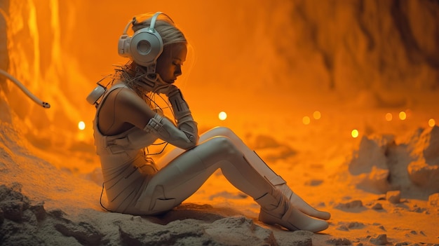 Uma mulher usando fones de ouvido sentada na areia Generative AI Art