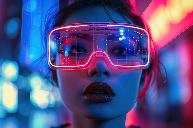 Uma mulher usando óculos de cor neon com lábios vermelhos