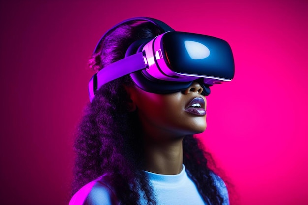 uma mulher usando óculos de realidade virtual com o logotipo da maçã na parte inferior