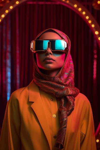 Uma mulher usando óculos de realidade virtual vr e uma imagem ai generativa de cachecol
