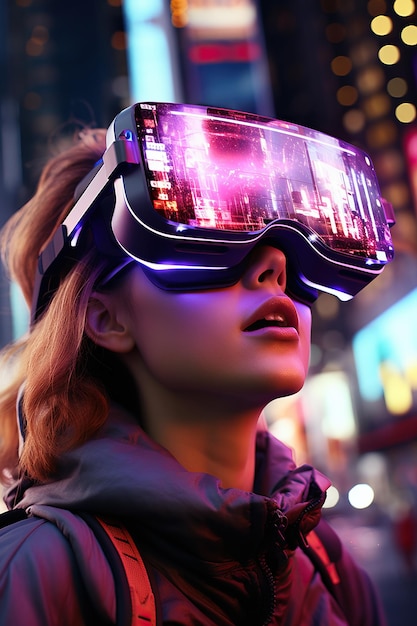 Foto uma mulher usando óculos de realidade virtual