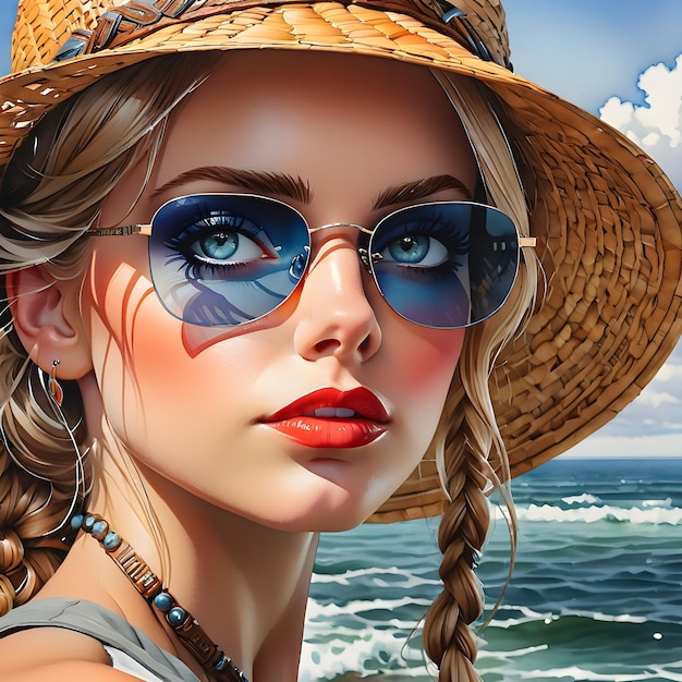 Uma mulher usando óculos de sol e um chapéu de palha está de pé na frente de uma praia