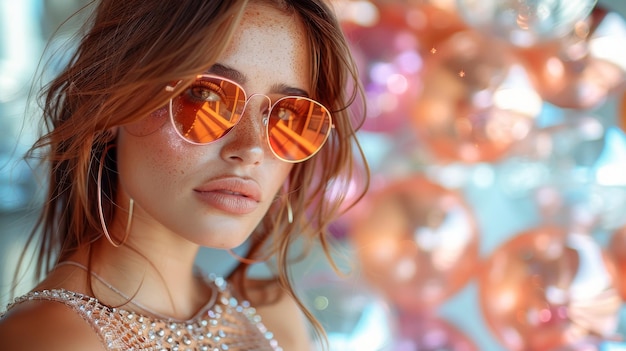 Foto uma mulher usando óculos de sol e um vestido de sequinas é cercada por bolas de discoteca em um fundo branco