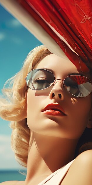 uma mulher usando óculos de sol e uma faixa vermelha está usando uma faixa vermella