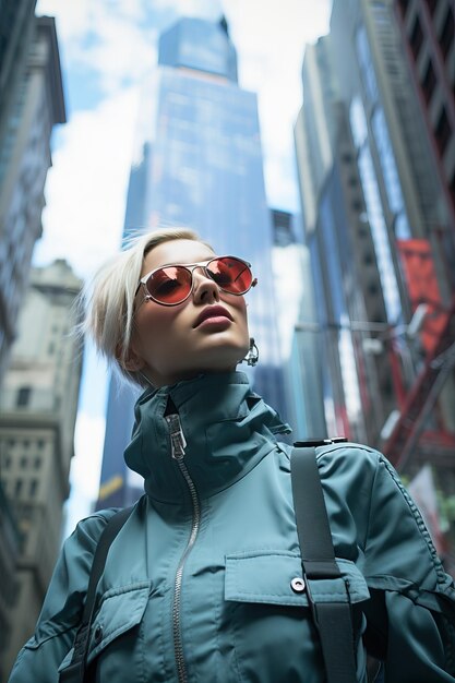 Foto uma mulher usando óculos de sol e uma mochila