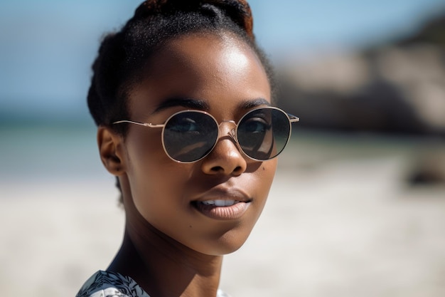 Uma mulher usando óculos de sol em uma praia