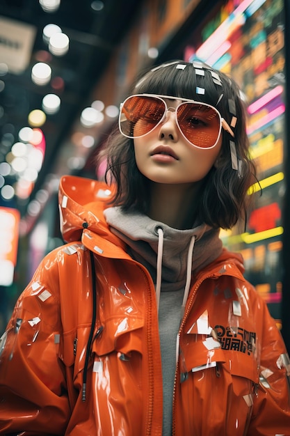 Foto uma mulher usando óculos de sol laranja