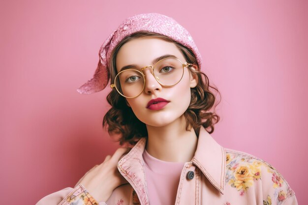 Uma mulher usando óculos e uma jaqueta rosa fica na frente de um fundo rosa