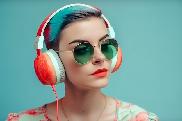 Uma mulher usando óculos escuros e fones de ouvido com um fundo azul.