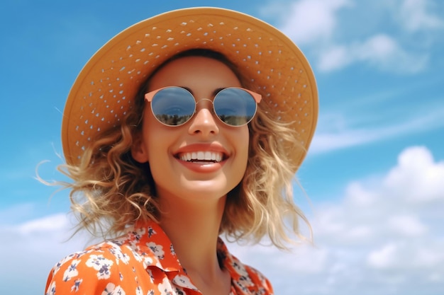 Uma mulher usando óculos escuros e um chapéu está em uma praia