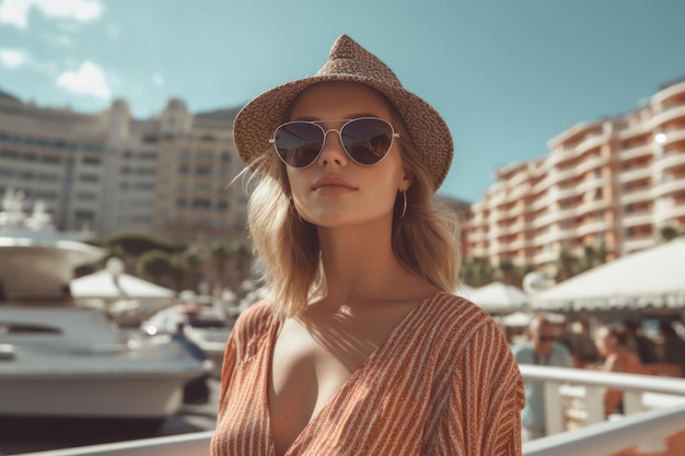 Uma mulher usando óculos escuros está em um barco em frente a uma marina.