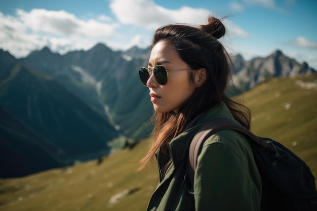 Uma mulher usando óculos escuros está no topo de uma montanha.