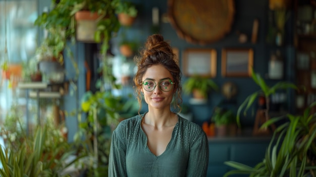 uma mulher usando óculos está de pé na frente de uma planta