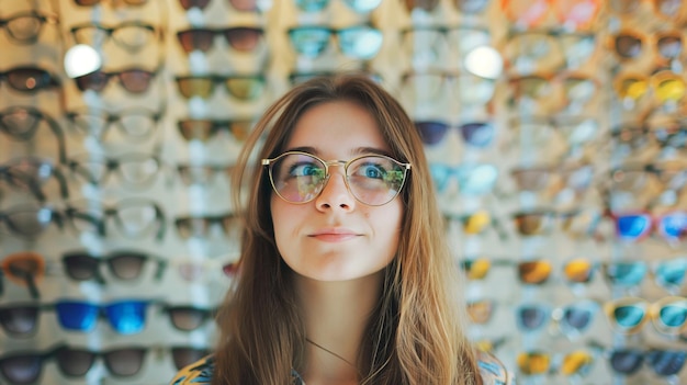 uma mulher usando óculos está em frente a uma parede de óculos de sol