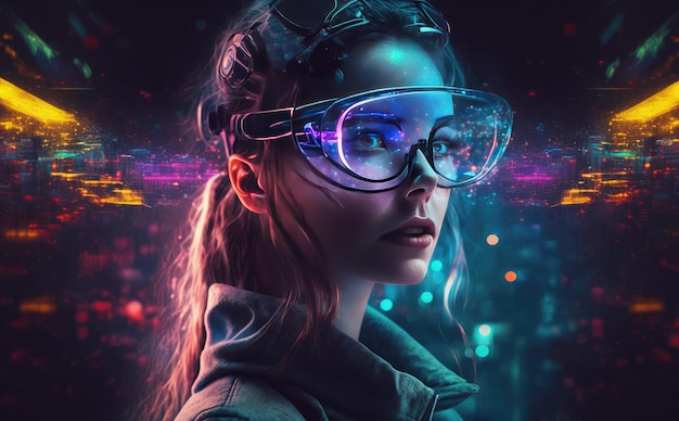 Uma mulher usando óculos futuristas com a palavra vr no topo.