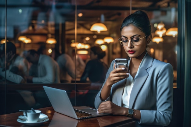 Uma mulher usando seu telefone celular em um restaurante