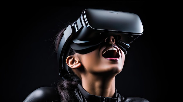 Uma mulher usando um arnês de realidade virtual com um fundo preto.