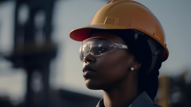 Uma mulher usando um capacete amarelo e óculos de segurança fica em frente a uma usina siderúrgica.