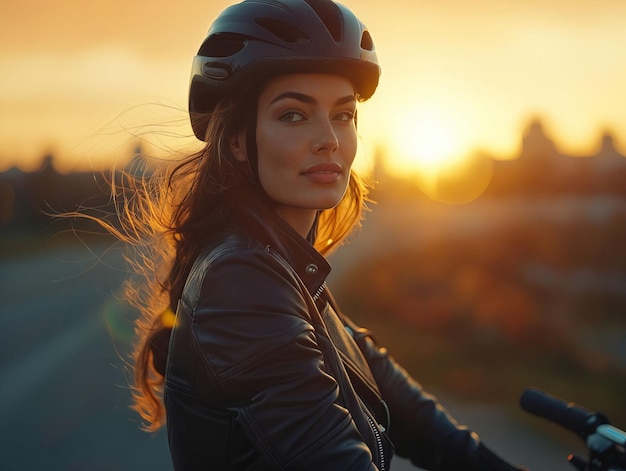 Uma mulher usando um capacete andando de bicicleta ao pôr do sol