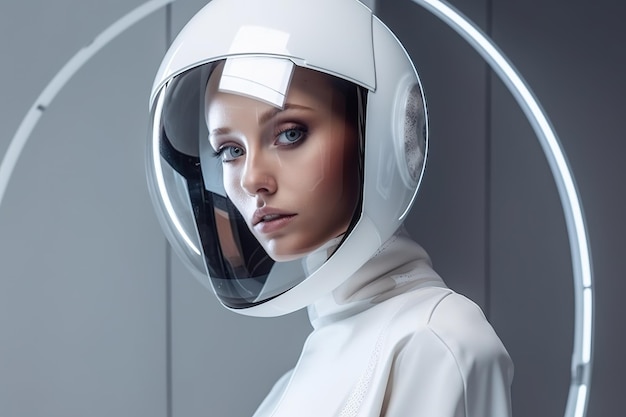 Uma mulher usando um capacete branco com olhos azuis e um capacete branco.