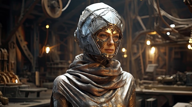 uma mulher usando um capacete de metal e uma capa